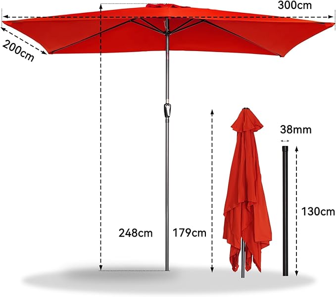 Angel Living Garten Sonnenschirm - 2 x 3 m - Aluminium - Neigbar - Rot