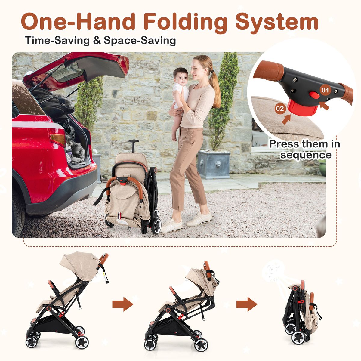 Coast Klappkinderwagen – verstellbare Rückenlehne und Fußstütze – stoßdämpfende Räder – beige