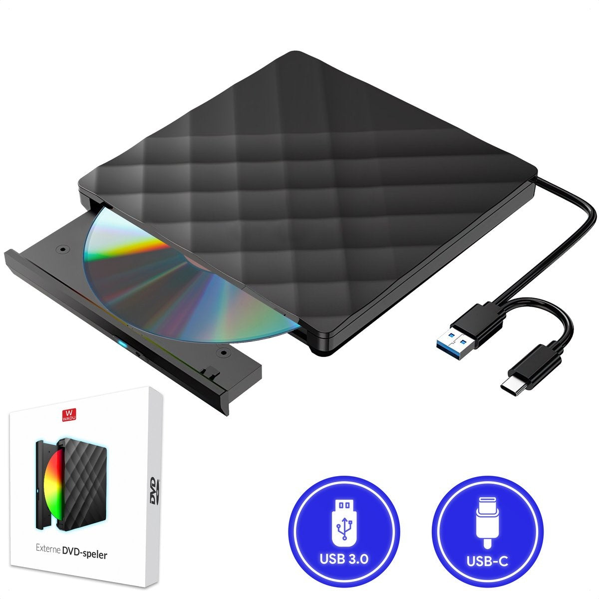 WADU externer DVD-Player für Laptop - Optisches Laufwerk & Brenner - DVD/CD-Laufwerk - Geeignet für Laptop & Macbook - Mini USB und USB C