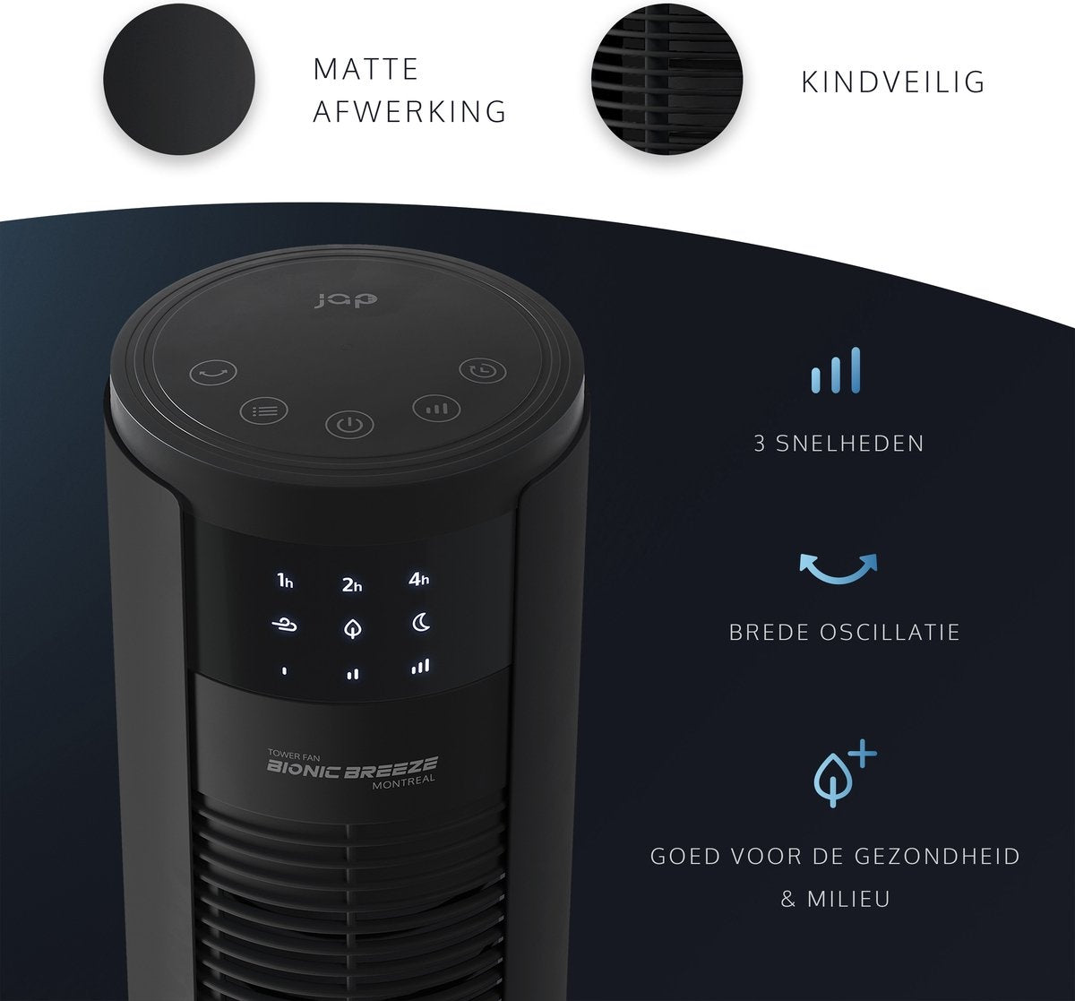 JAP Appliances Leiser Turmventilator - Fernbedienung und Timer - Oszillierender Säulenventilator - Schwarz mattiert