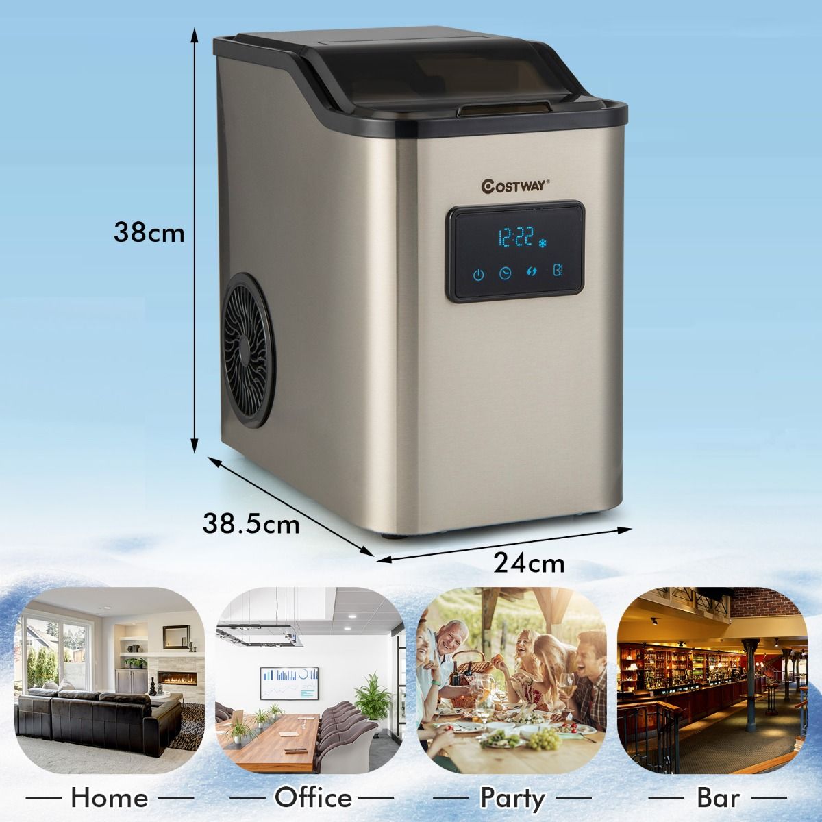 Coast Nugget Eiswürfelmaschine - Crushed-Ice-Maschine - 24 kg/Tag - 2.5L Wassertank - Silber - 38.5 x 24 x 38 cm