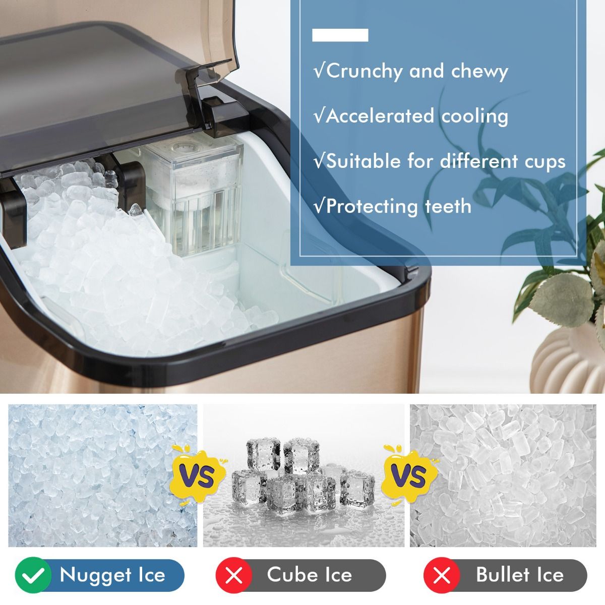 Coast Nugget Eiswürfelmaschine - Crushed-Ice-Maschine - 24 kg/Tag - 2.5L Wassertank - Silber - 38.5 x 24 x 38 cm