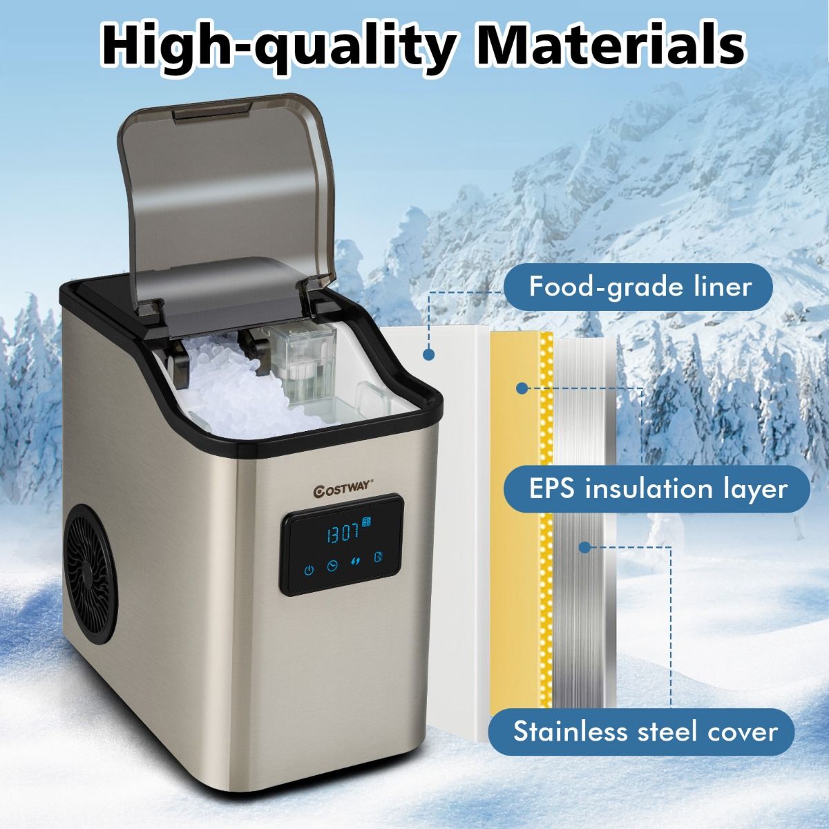 Coast Nugget Eiswürfelmaschine - Crushed-Ice-Maschine - 24 kg/Tag - 2.5L Wassertank - Silber - 38.5 x 24 x 38 cm