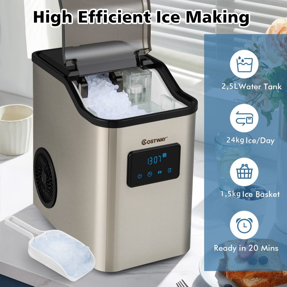 Coast Nugget Eiswürfelmaschine - Crushed-Ice-Maschine - 24 kg/Tag - 2.5L Wassertank - Silber - 38.5 x 24 x 38 cm