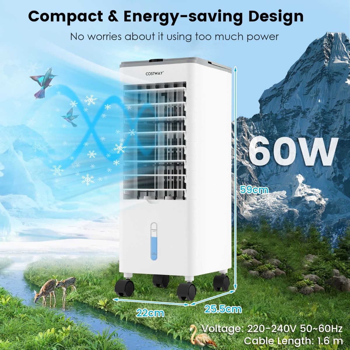 Coast Mobile Air Conditioner - 3 in 1 - Ohne Ablaufschlauch - 60W - 2.8L - 25.5 x 22 x 59 cm - Weiß