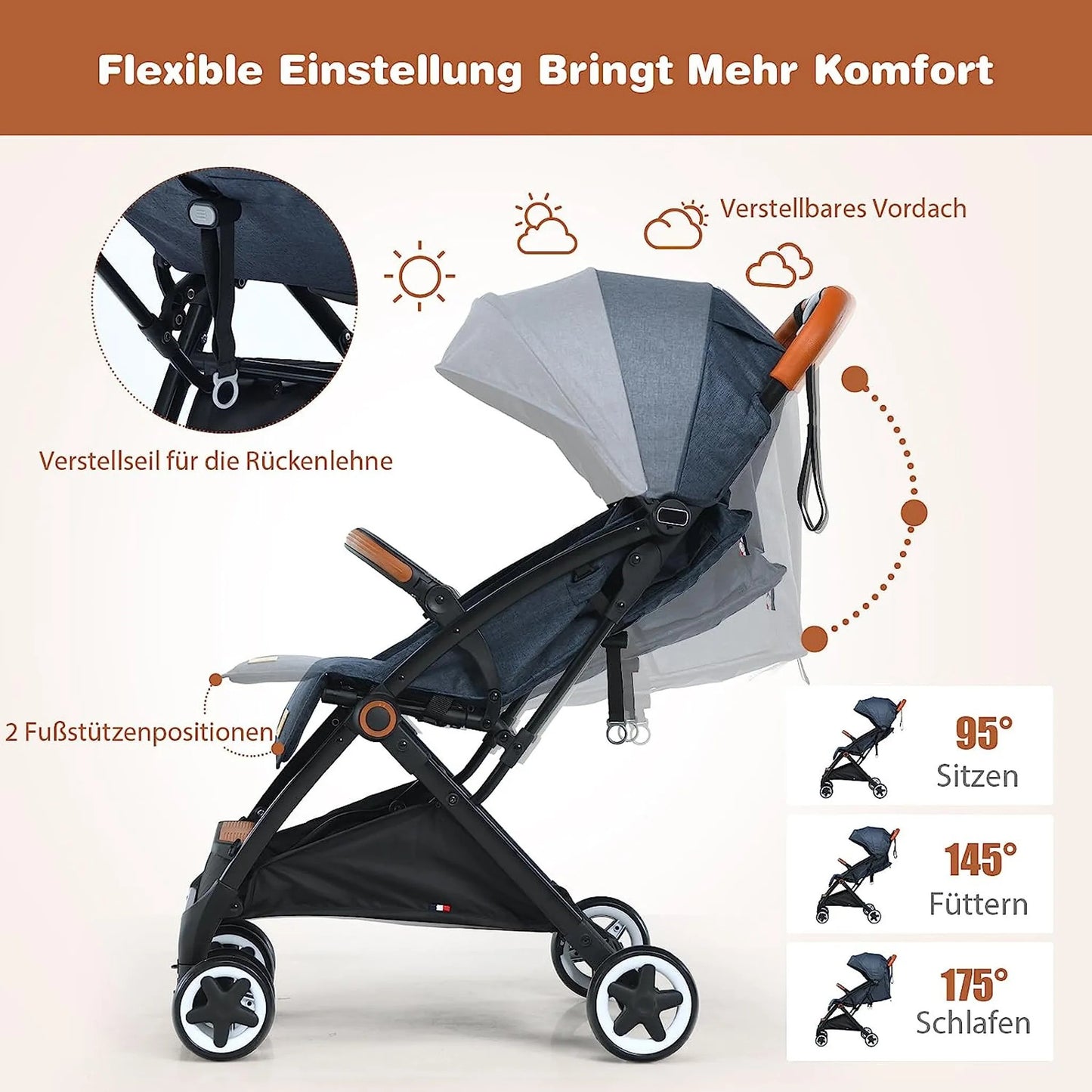 Coast Faltbarer Kinderwagen - Verstellbare Rückenlehne und Fußstütze - 41 x 72 x 96,5 cm - Blau