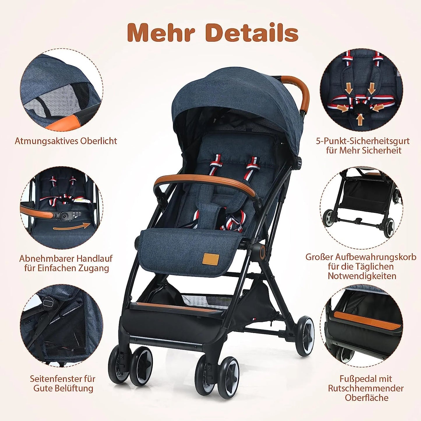 Coast Faltbarer Kinderwagen - Verstellbare Rückenlehne und Fußstütze - 41 x 72 x 96,5 cm - Blau