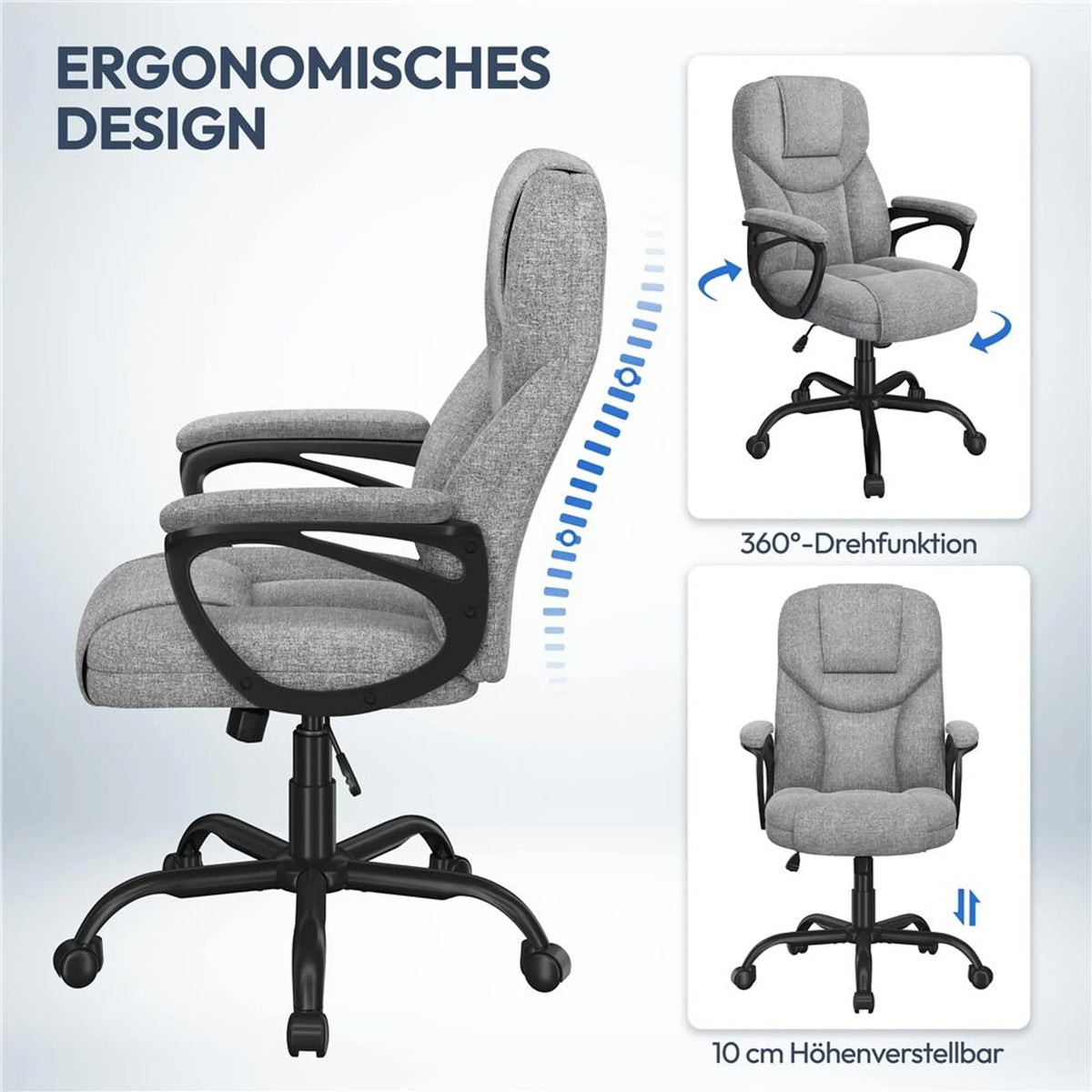 Ergonomischer Bürostuhl mit Armlehnen, um 360° drehbar, höhenverstellbar und mit Wippfunktion, grau