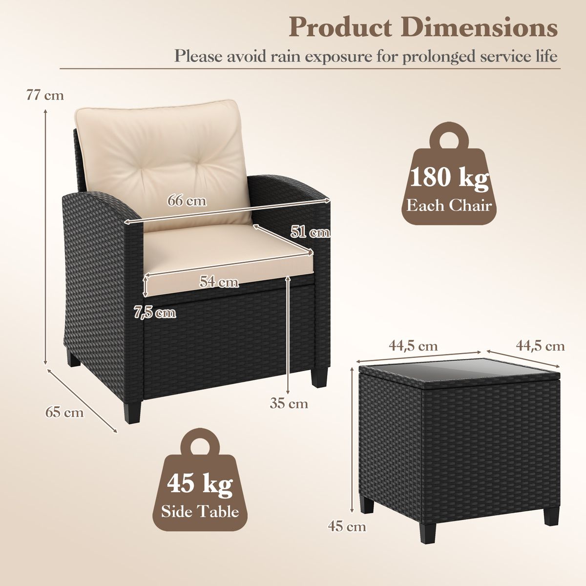Coast 3-teiliges Rattan-Lounge-Set – mit Sitz- und Rückenkissen – Beistelltisch – beige
