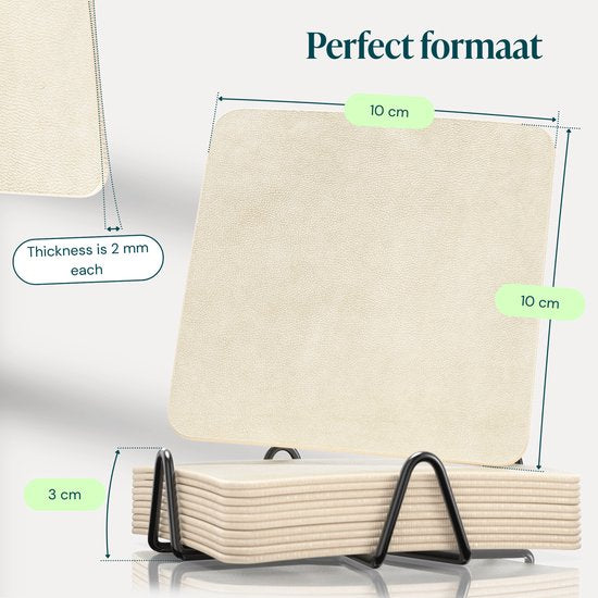 Castagnola Untersetzer aus Kunstleder – Untersetzer für Gläser – Design-Untersetzer mit Halter – Untersetzer-Set aus Kunstleder mit Metallhalter – Leder – 10er-Set – Offwhite – 10 x 10 cm