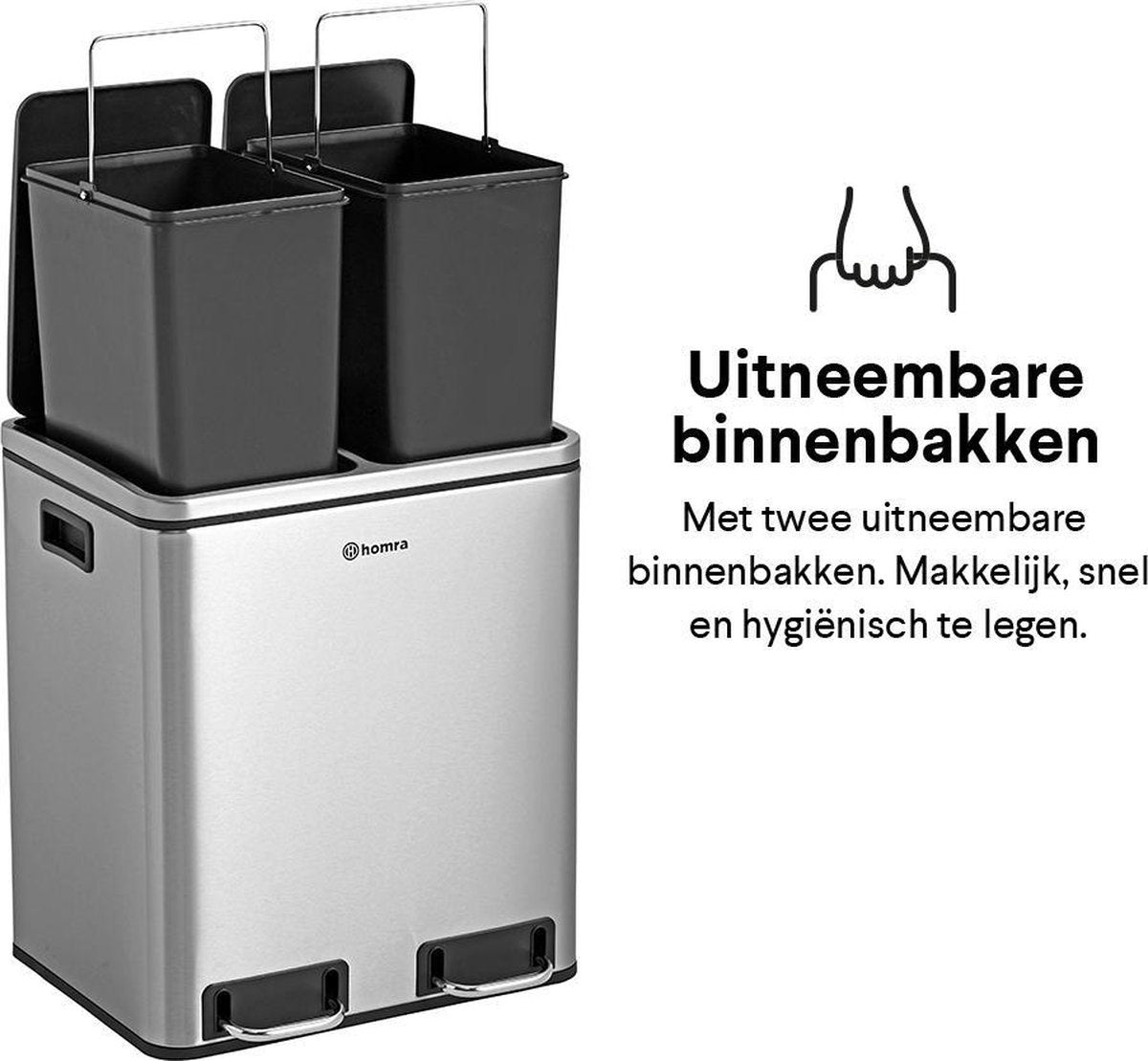 Homra BLINQ Abfalltrennbehälter mit 2 Fächern - 2 x 15 L Abfalleimer - Edelstahl-Duo Tret-Abfalleimer - 2-Kammer-Abfalleimer 30 Liter - Hygienische Abfalltrennung - Küchenabfalleimer - Tret-Abfalleimer - Soft Close Deckel - Papierkorb