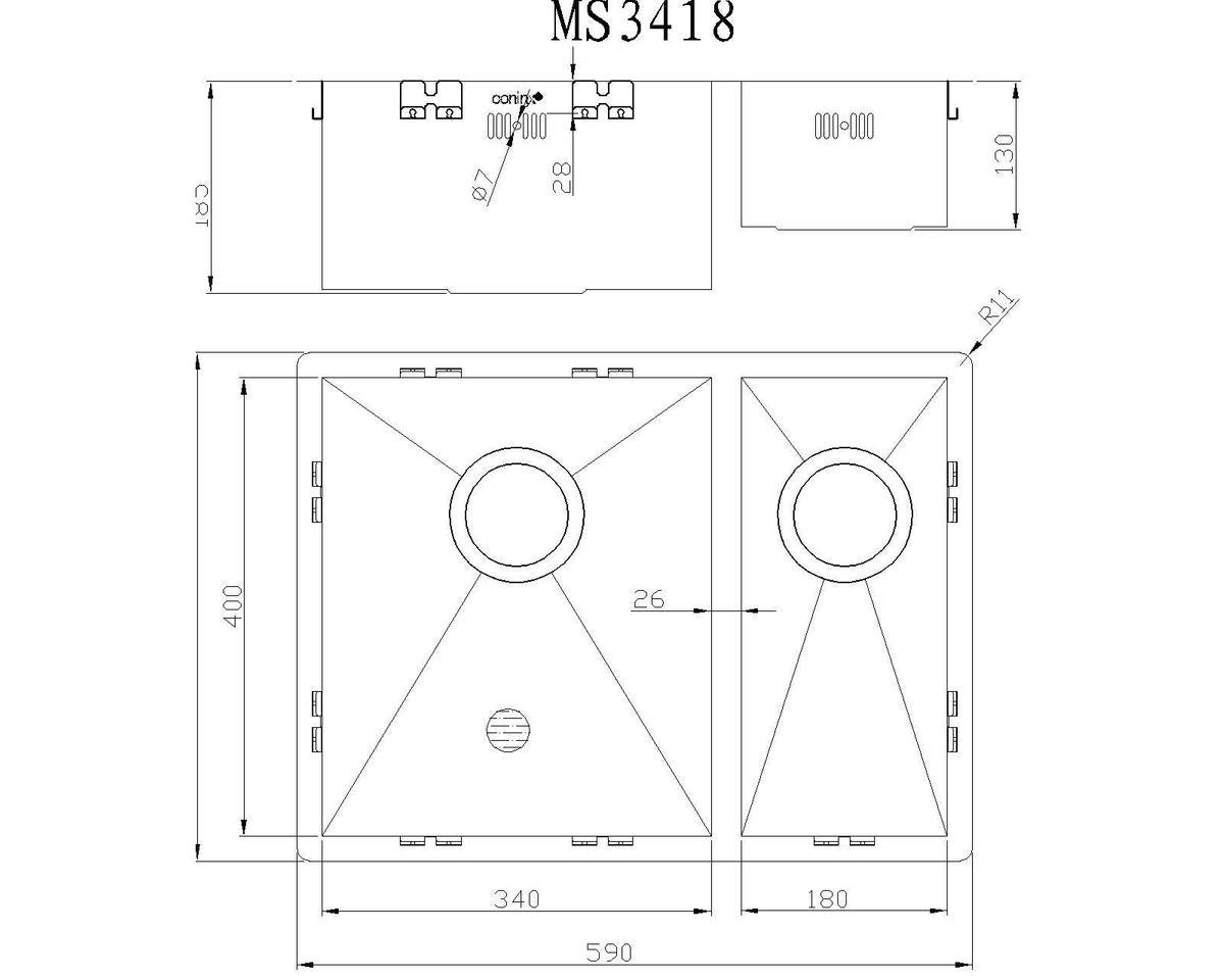 Mizzo Quadro Doppelspüle L 34-18X40CM - 1,5 Spüle - Küchenspüle - Unterbau / Flush-mount / Einbau - Edelstahl