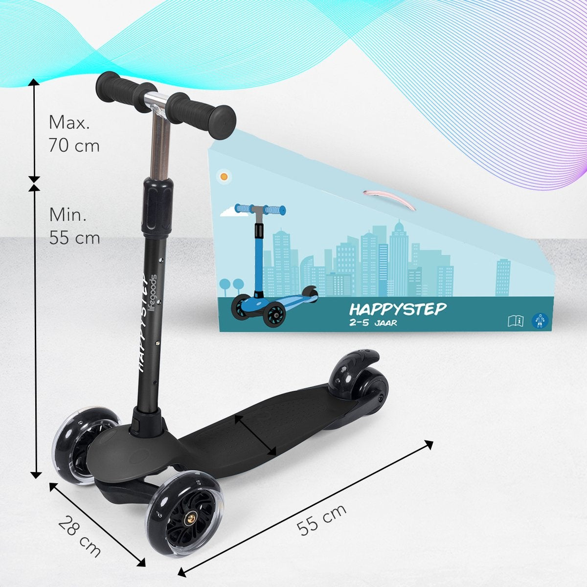 LifeGoods HappyStep Kinder-Roller Höhenverstellbar Alter 2-5 Jahre 3 leuchtende Räder Schwarz