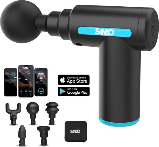 Sanbo Massage Gun Mini - Sport- und Entspannungsmassagegerät - Leistungsstark - Kabellos - Inklusive Koffer - Mit 5 Aufsätzen - Schwarz/Blau - Massage Gun Professional