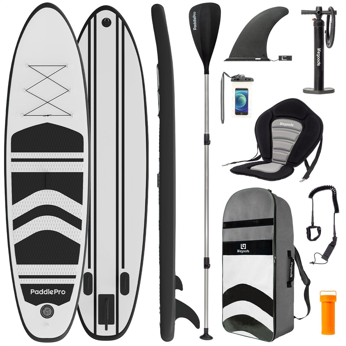 LifeGoods SUP Board - mit Sitz - Aufblasbares Paddle Board - Komplettset - Max. 135KG - 320x81cm - Weiß/Schwarz