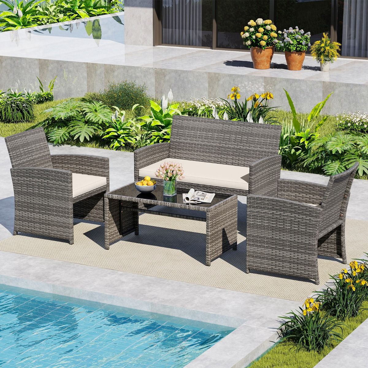 Coast 4-teiliges Gartenmöbel-Set – Rattan-Lounge-Set mit weißen Kissen – Tisch mit Sicherheitsglas – grau