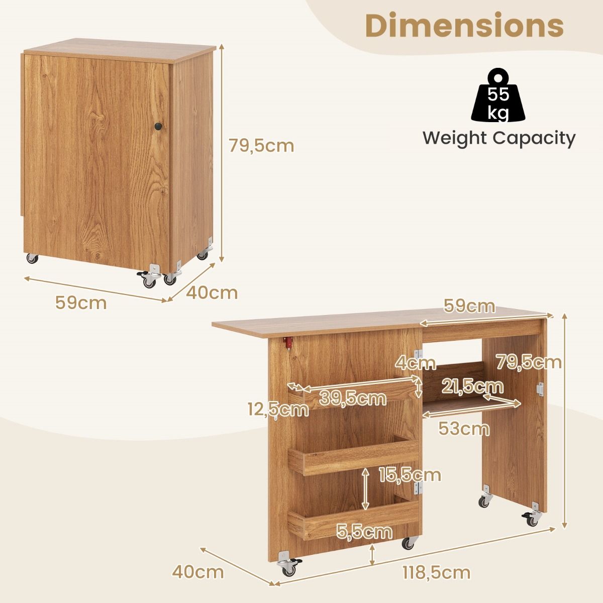 Coast Klappbarer Nähtisch – Mobile Bastelstation mit Ablagegestell – Drei versteckte Aufbewahrungsboxen – Naturfarben – 118,5 x 40 x 79,5 cm