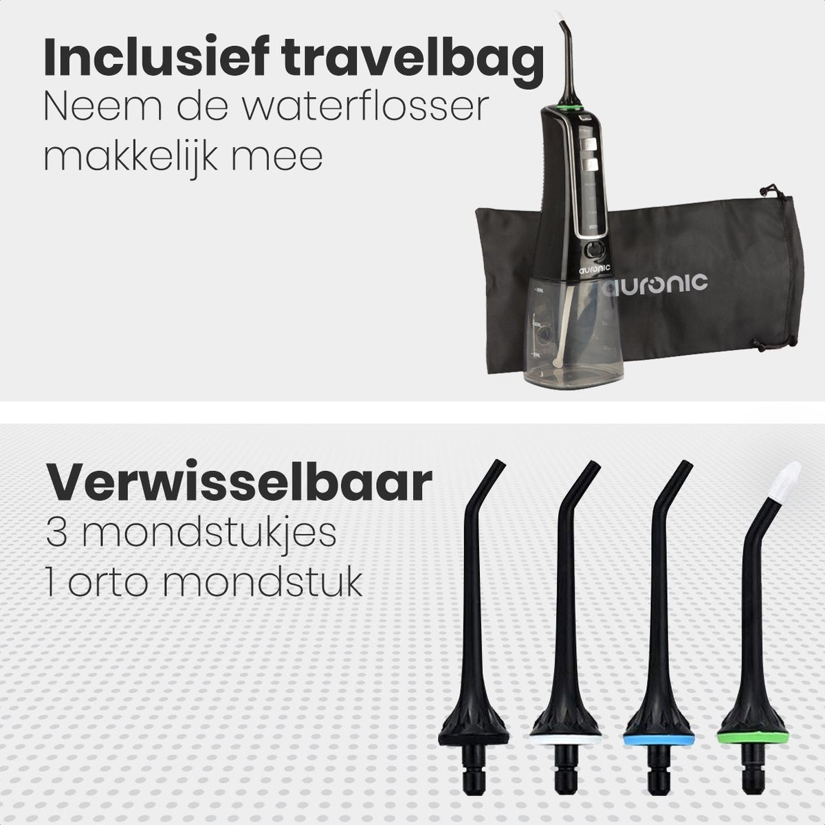 Auronic Water Flosser - Elektrisch - Munddusche Zahnzwischenräume - 3 Stufen - 4 Düsen - 300 ml - Schwarz