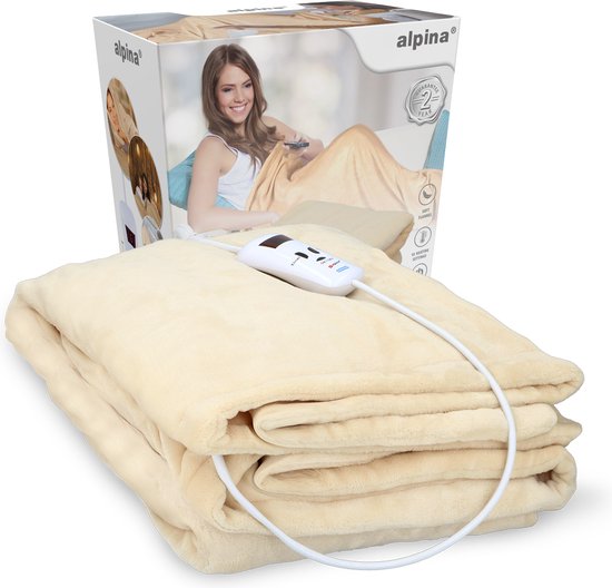 alpina Heizdecke Elektrische Oberdecke 130 x 180 cm – Elektrische Heizdecke für eine Person mit Timer (1–9 Stunden) – Kuscheldecke mit 10 Heizstufen – Waschbare Überwurfdecke – Flanell – Beige
