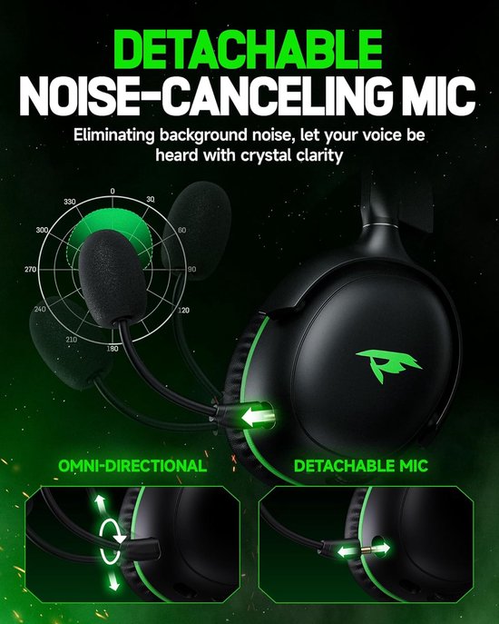 Kofire XG-ONE - Wireless Gaming Headset mit Mikrofon - Over-Ear-Kopfhörer - Xbox Serie X|S|One - Nintendo Switch/PS4/PS5/PC - Schwarz grün
