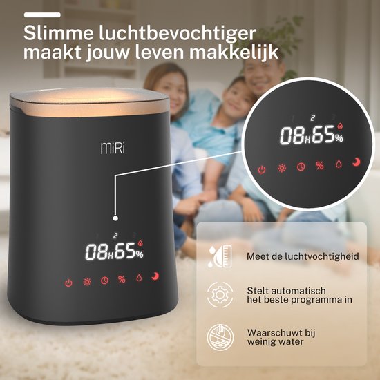 MiRi Nimbus - Luftbefeuchter - Luftbefeuchter - 4.5L - Luftfeuchtigkeitsmesser - Ionisator - 50m² - Ultraschall - Fernbedienung - Touch Controls - Aromatherapie