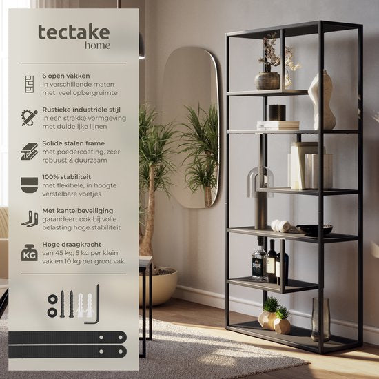 tectake® Wandschrank Venda - 85 x 35 x 188 cm - Industrie-Look - Stahlrahmen - Schrank mit Kippschutz - Bücherregal mit 6 asymmetrischen Fächern - moderner Aufbewahrungsschrank für Wohnzimmer, Küche oder Schlafzimmer