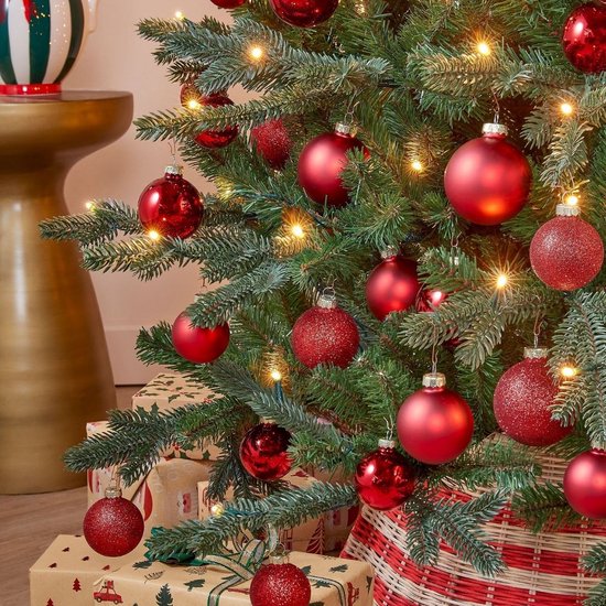 Mica Decorations Weihnachtskugeln-Set, 42 Stück – Weihnachtskugeln für eine solide Basis – Weihnachtsdekoration mit mattem, glänzendem und glitzerndem Finish – Baumspitze in verschiedenen Größen – Ø 7 cm – Rot