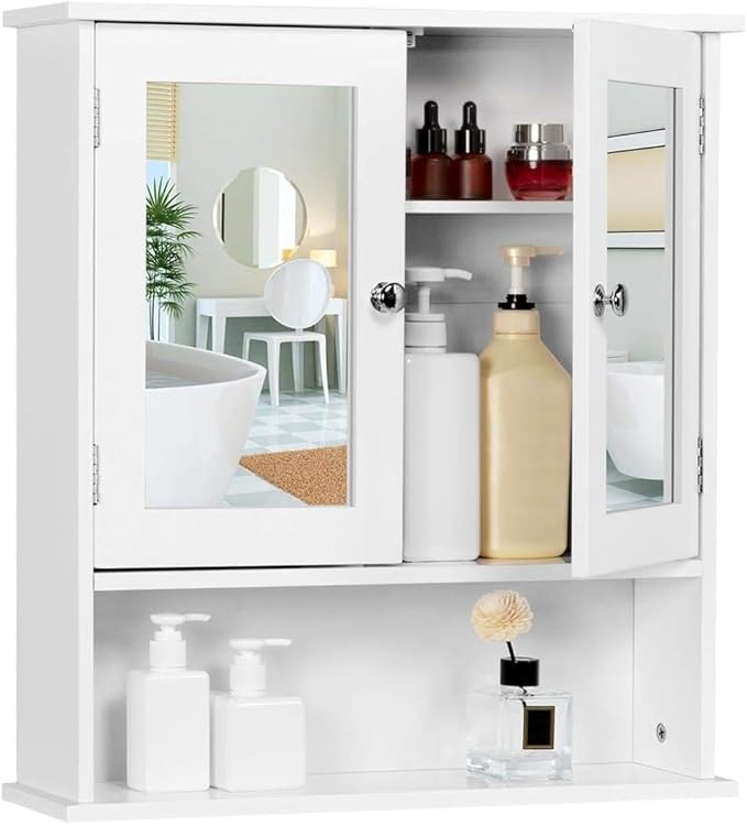 Yaheetech Badezimmerspiegelschrank mit 2 Spiegeltüren und offenem Stauraum – Weiß