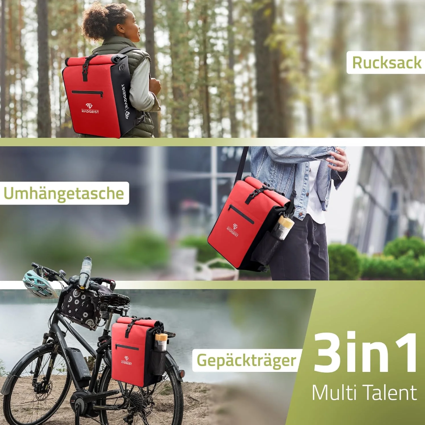 RADGEIST Gepäckträgertasche für Fahrradträger - Tasche für Fahrradträger - Gepäcktasche wasserdichte Umhängetasche (Rot 20L, Single)