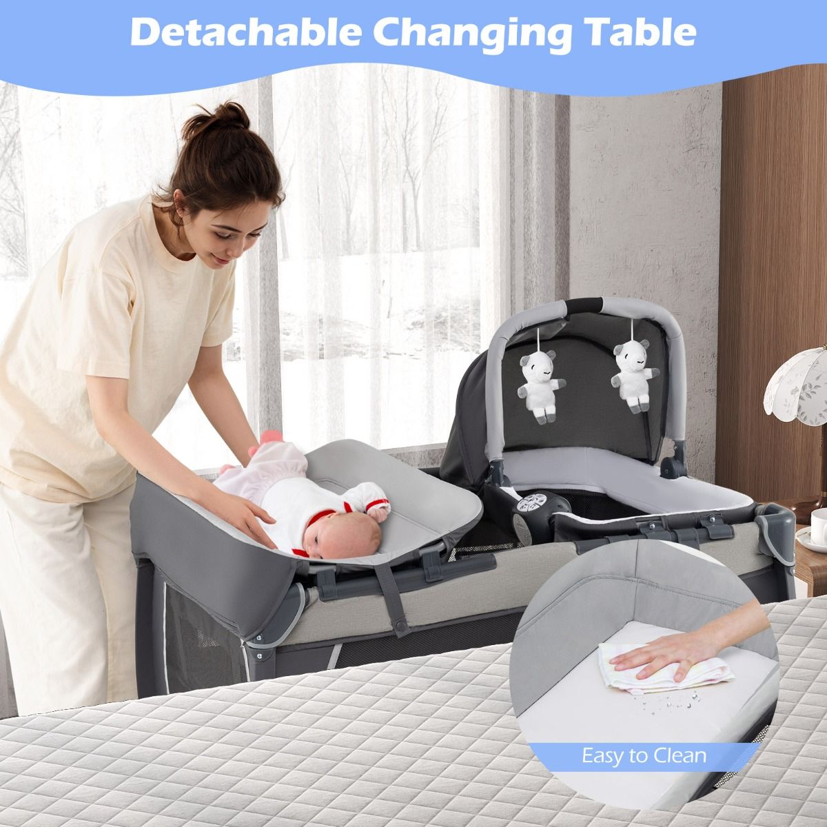 Coast 5-in-1-Reisebett für Babys – Zusammenklappbares Babybett mit Wickeltisch und Aufbewahrungskorb – Inklusive Tragetasche – Grau