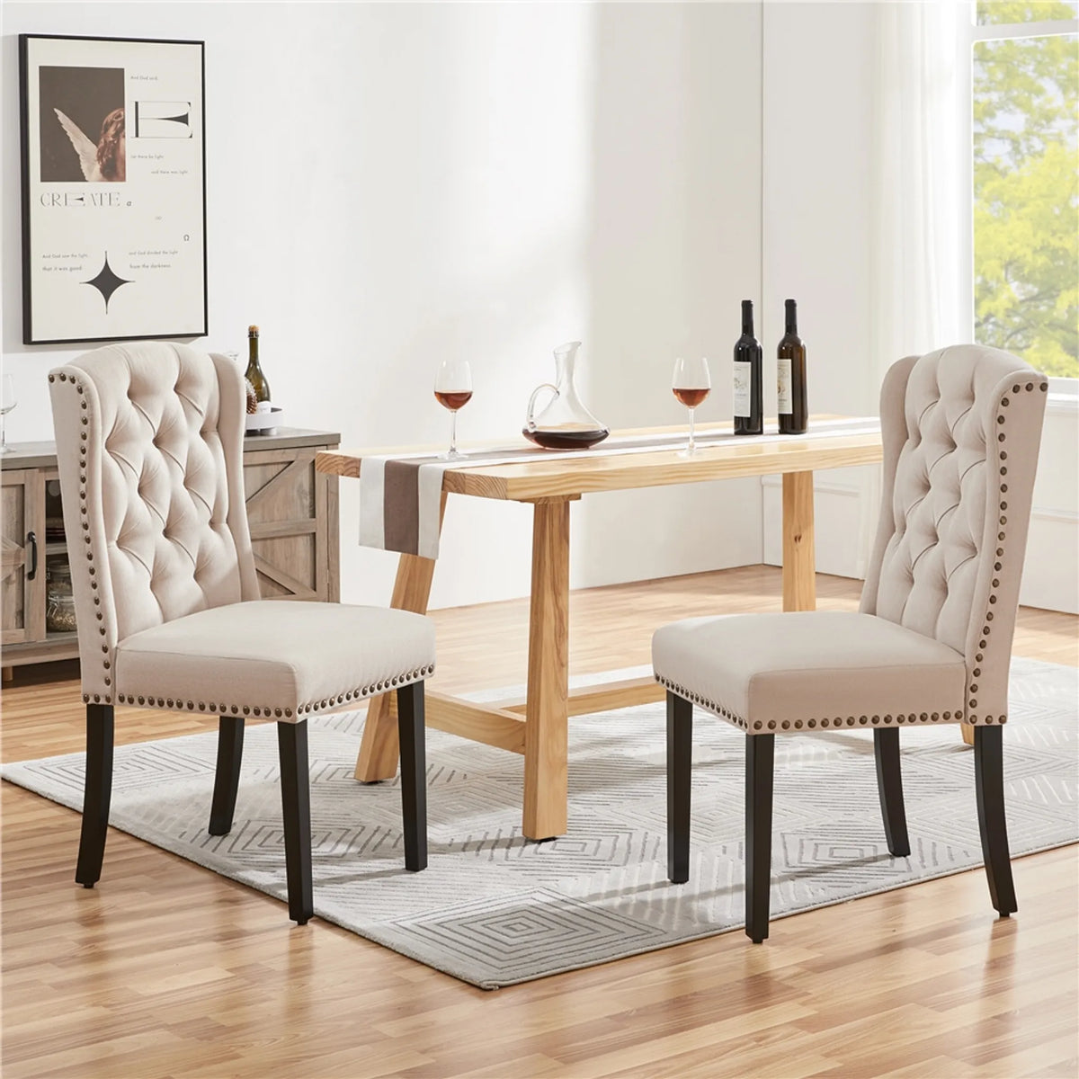 Esszimmerstühle, 2er-Set, Vintage, gepolstert, mit Holzbeinen und Ziernägeln, beige