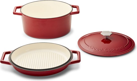 The Tasman Dutch Oven and Grill - Kochtopf - Recyceltes Gusseisen - mit traditionellem und Grilldeckel - Ø29 cm - Rot