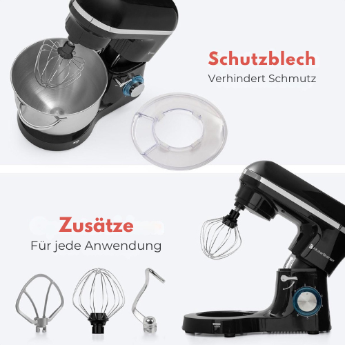 KitchenBrothers Küchenmaschine - Küchenmixer mit 6L-Edelstahl-Mixschüssel - Küchenroboter - 1400W - Schwarz
