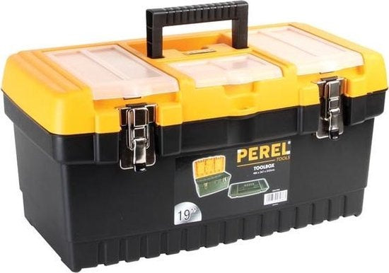 Perel Werkzeugkoffer, Polypropylen, mit herausnehmbarem Einsatzfach, 3 Ordnungsfächer im Deckel, Klappgriff und Metallverschlüssen, schwarz/gelb, 486 x 267 x 242 mm