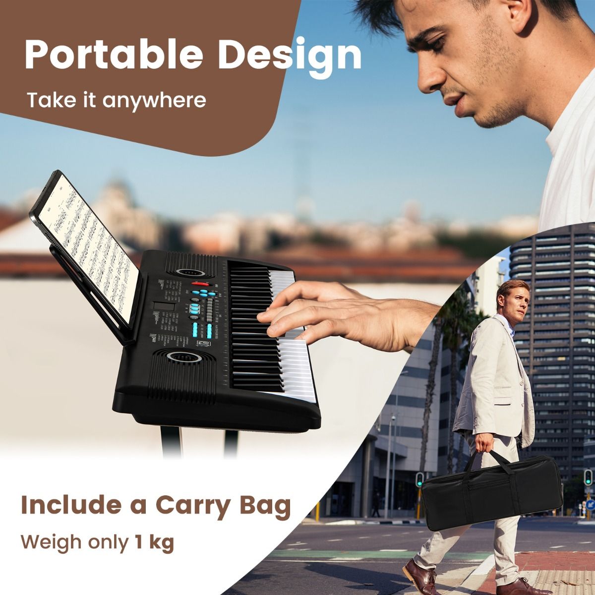 Coast Kinderkeyboard mit 61 Tasten, Ständer, Mikrofon und Tragetasche – 58 x 18 x 5 cm – Schwarz
