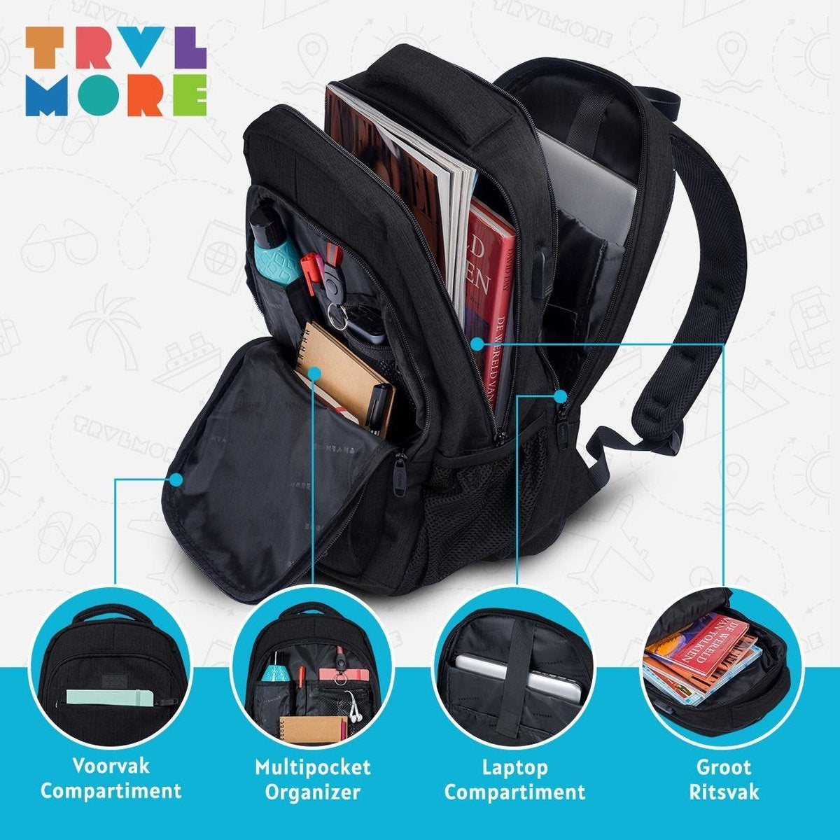 TRVLMORE Rucksack - 28L - 15.6 Zoll - Laptop-Rucksack - Schultasche - Unisex - Spritzwassergeschützt Schwarz