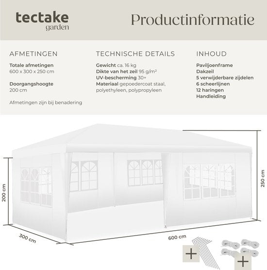 tectake® Pavillon Novara - Partyzelt 3x6 m - Wasserdichte Plane mit 5 abnehmbaren Seitenwänden - Wetterfester Gartenpavillon - Inklusive Spannleinen und Heringe - Weiß