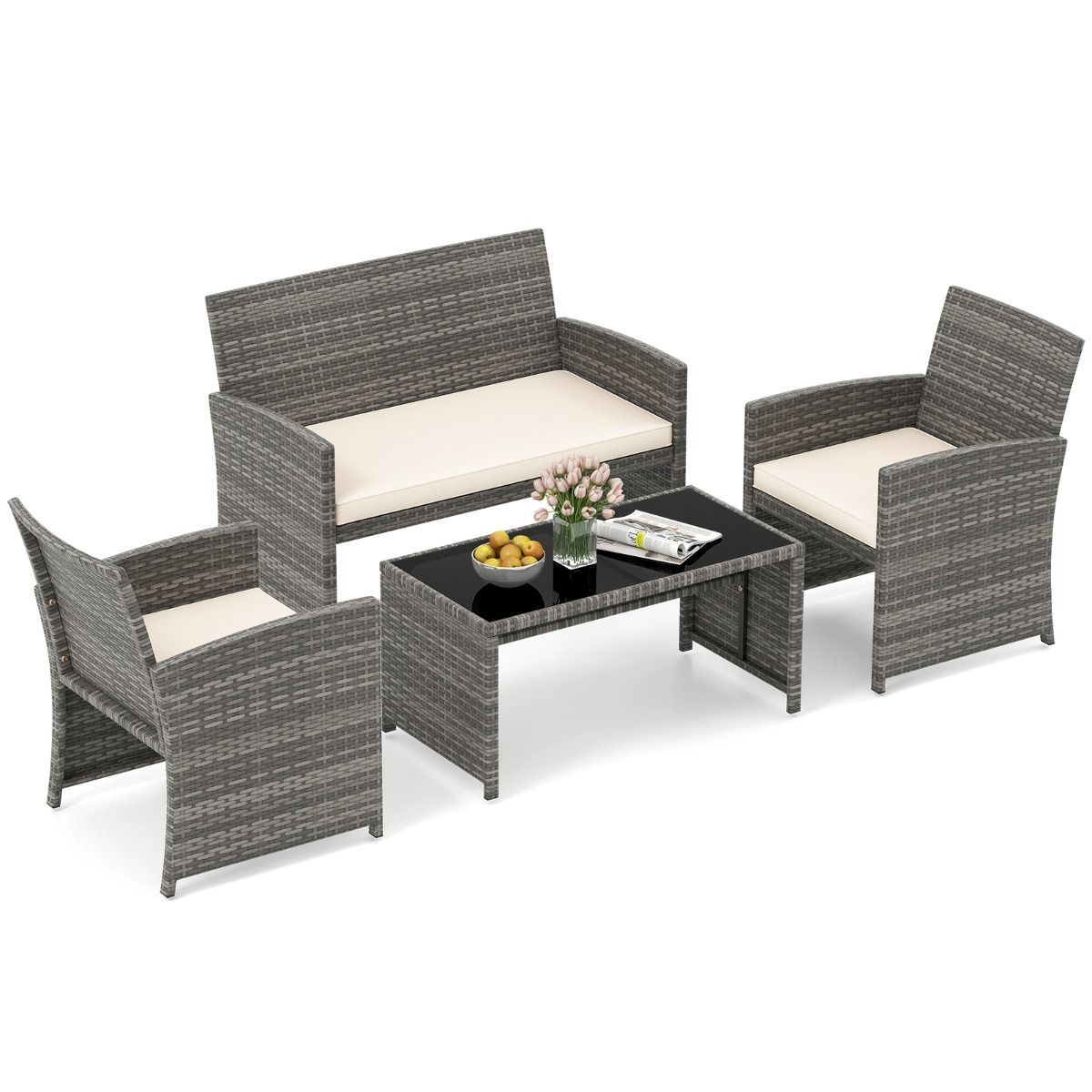 Coast 4-teiliges Gartenmöbel-Set – Rattan-Lounge-Set mit weißen Kissen – Tisch mit Sicherheitsglas – grau