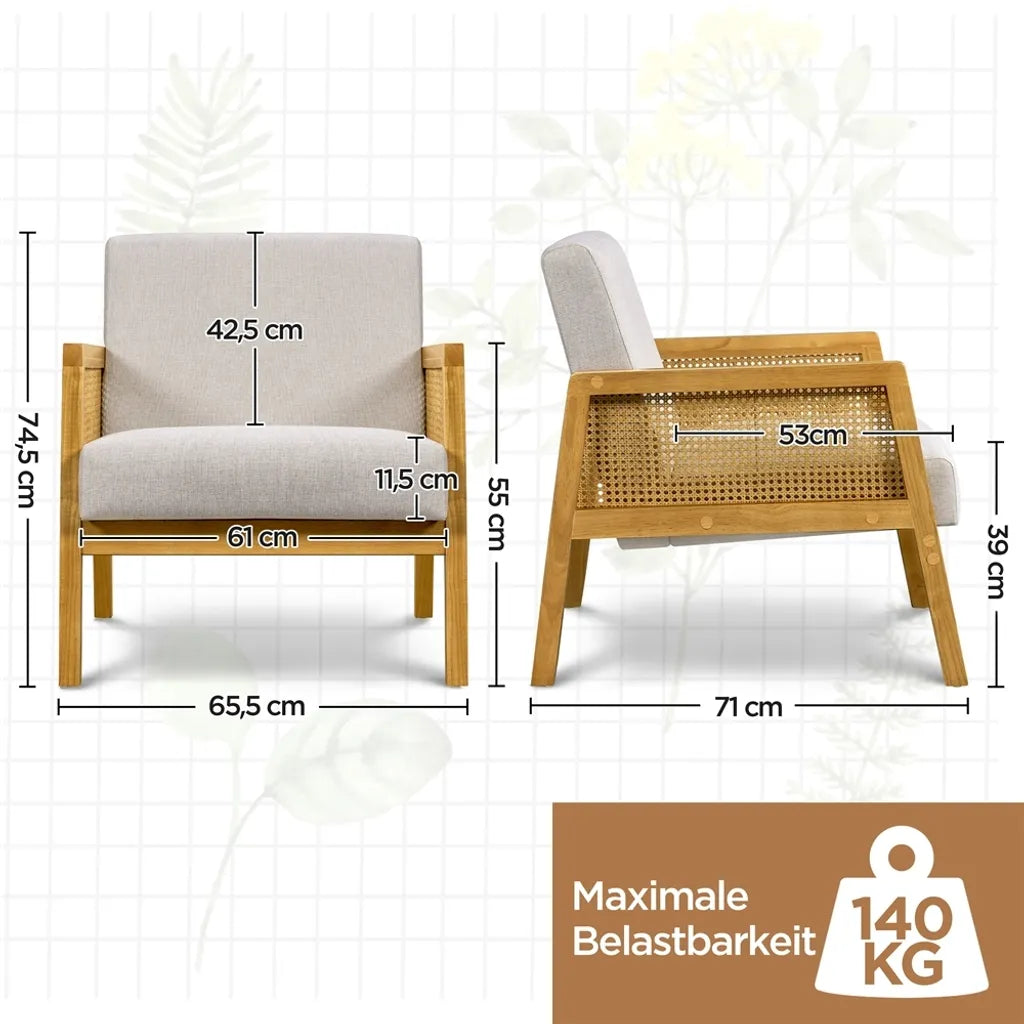 Yaheetech Sessel 65,5 x 71 x 74,5 cm – Beige – Gepolsterter Lounge-Sessel mit Rattan-Armlehnen