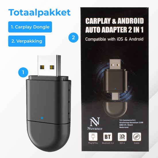 Nuvance - CarPlay Dongle - 2 in 1 USB & USB-C - Geeignet für Android & Apple - CarPlay Wireless - Car Dongle - Wireless CarPlay - USB Adapter
