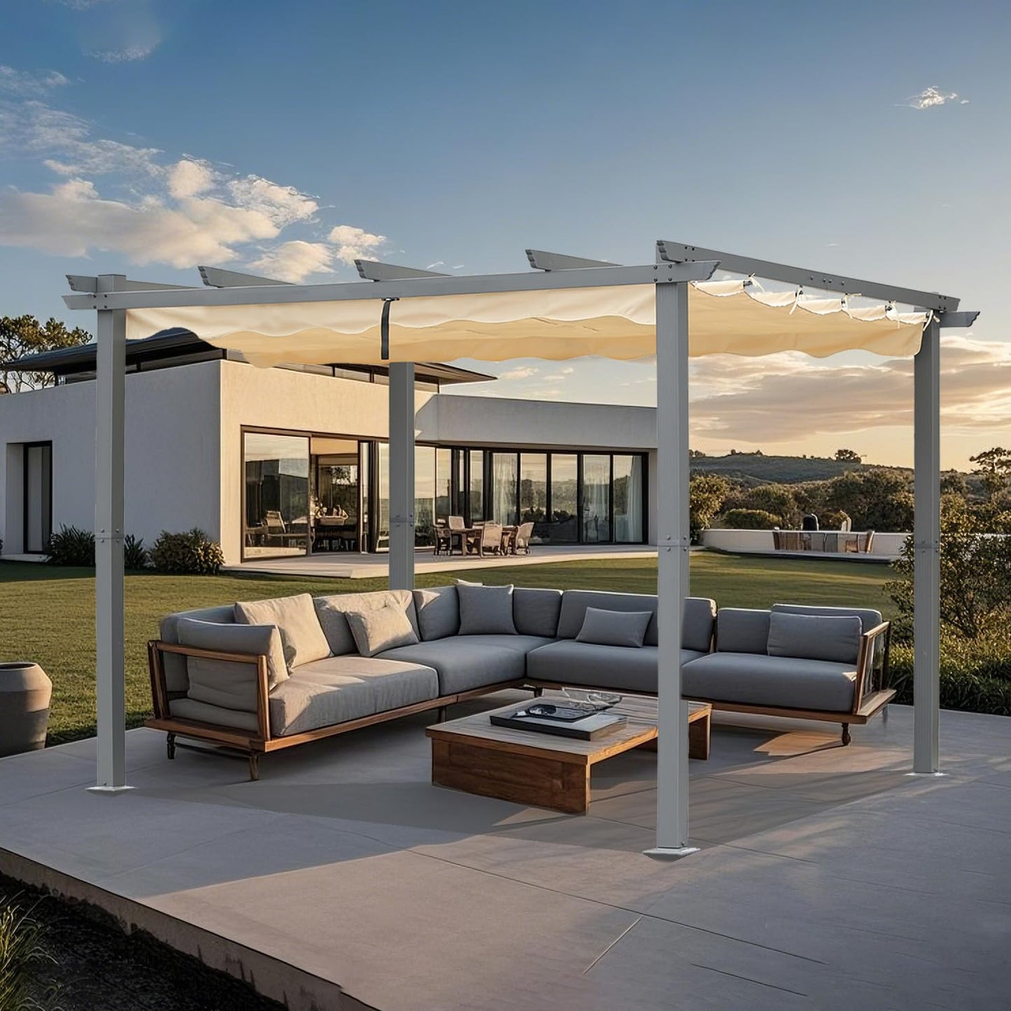 Angel Living Aluminium-Terrassenpergola mit einziehbarem Dach – 3 x 4 m – Beige