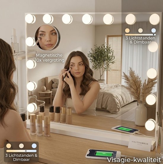 OMNIEXA Hollywood-Spiegel 58 × 46 cm – 15 LED-Lampen – 3 Lichtfarben – dimmbar – 10-fache Vergrößerung – USB-C – Make-up-Spiegel – Visagiespiegel – Vanity – Weiß