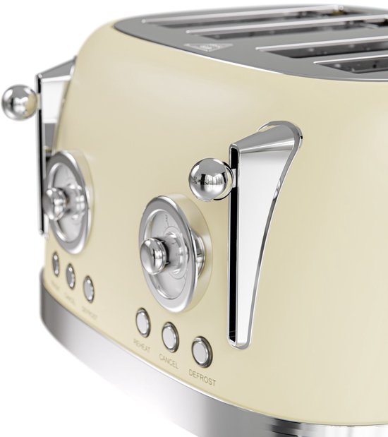 KitchenBrothers Retro-Toaster - Toaster - 6 Heizstufen - 4 extra breite Schlitze - 815W - Beige