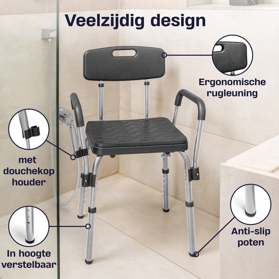 Sanicraft® Duschstuhl - Duschhocker mit Armlehne & Duschkopfhalterung - Stuhl & Hocker in 1 - Höhenverstellbar - Rutschfeste Beine - Silber