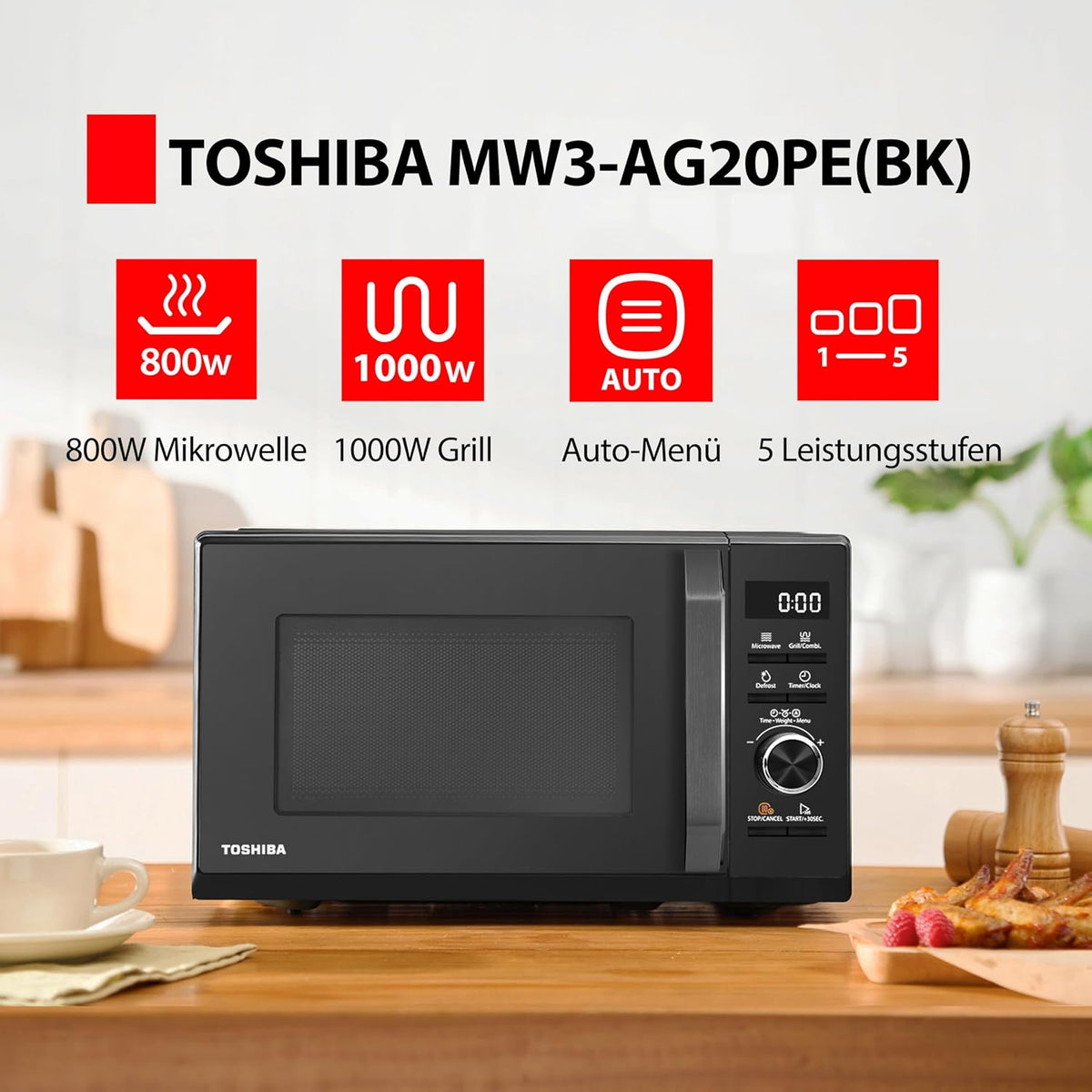 Toshiba MW3-AG20PE(BK) Mikrowelle mit Grill – 20 Liter – Schwarz