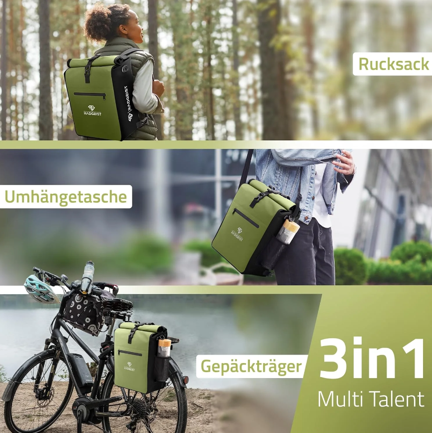 RADGEIST 3in1 Fahrradtasche für Gepäckträger (25 Liter) - Blaue Rucksack-Fahrradtasche mit komfortabler Polsterung - Gepäckträgertasche mit sicherem Verschluss - 100% wasserdicht inkl. Laptopfach