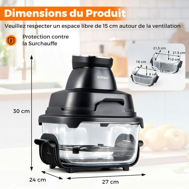 Coast Airfryer 4L – Heißluftfritteuse mit Glasgehäuse – 1500 W – Zwei stapelbare Frittierkörbe – Deckel – Thermostat bis 220 °C – Schwarz