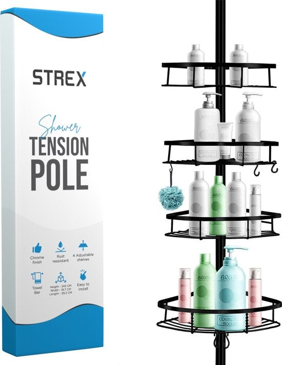 Strex - Eck-Duschablage - Verstellbar 70-275 cm - 4 Körbe - Ohne Bohren oder Schrauben - Schwarz