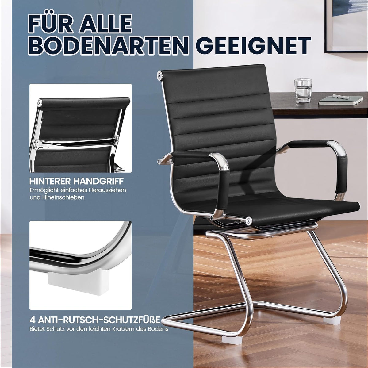 Esszimmerstühle mit Armlehnen, 2er-Set, PU-Kunstleder mit verchromtem Gestell, schwarz