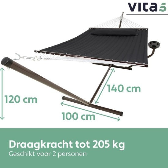 Vita5 Hängematte mit Ständer und Spreizstange - 2 Personen - inkl. Getränkehalter - abnehmbares Kissen - UV-beständig - Schwarz